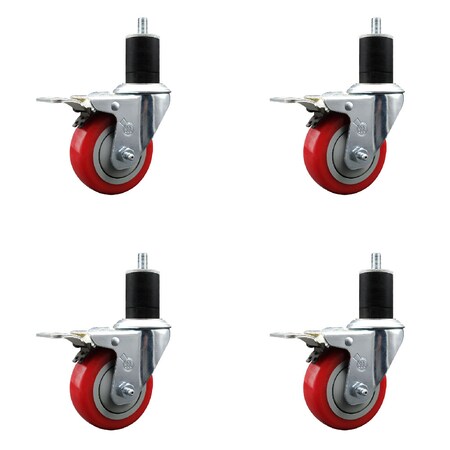 Service Caster 3.5'' SS Red Poly Swivel 1-3/4'' Expanding Stem Caster Set Total Lock Brake, 4PK SCC-SSEXTTL20S3514-PPUB-RED-134-4
